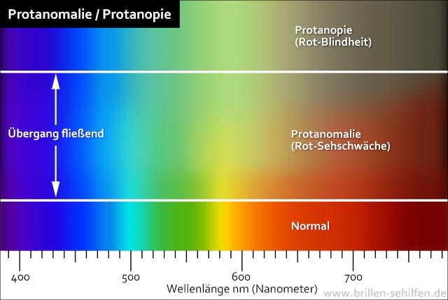 Farben bei Protanomalie (Rotschwäche) und Protanopie (Rot-Blindheit)